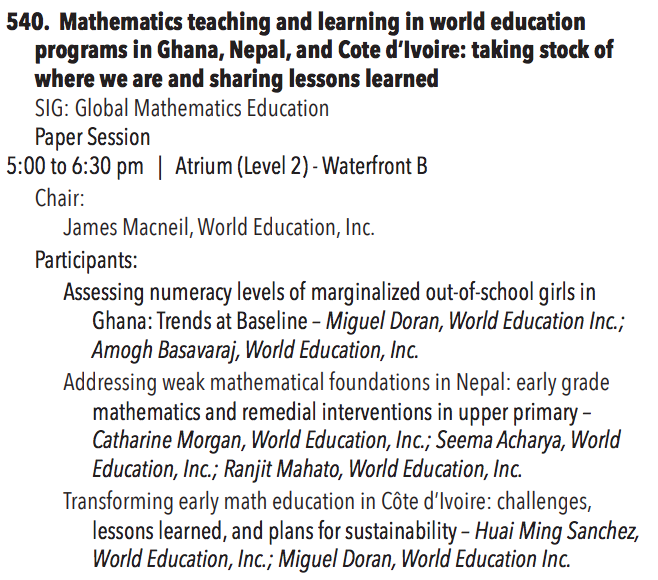 CIESGlobalMath's tweet photo. Two sessions coming up for the Global Mathematics Education SIG at 5:00 - come hear about programs in Ghana, Nepal, and Cote d'Ivoire or curricula and textbooks in Mexico, Kenya, India, and China! Something for everybody this evening at #cies2019 #ED4Sustainability https://t.co/Zj68T4664O