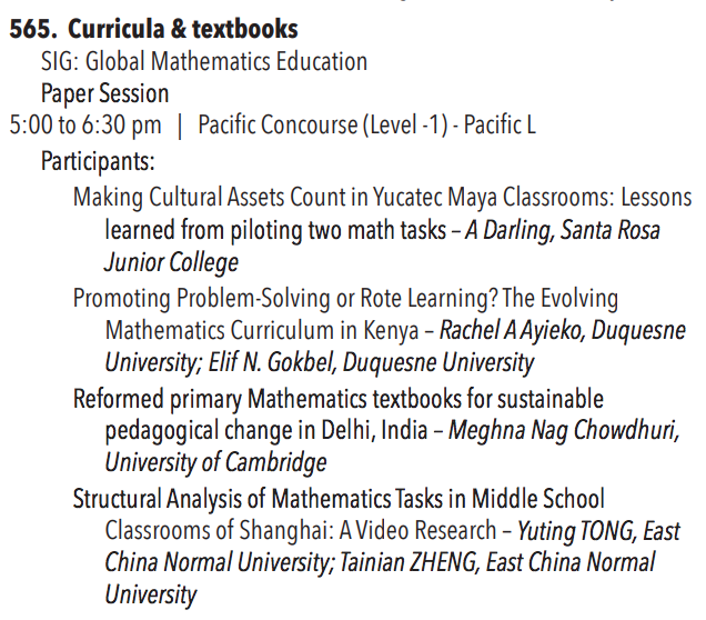 CIESGlobalMath's tweet photo. Two sessions coming up for the Global Mathematics Education SIG at 5:00 - come hear about programs in Ghana, Nepal, and Cote d'Ivoire or curricula and textbooks in Mexico, Kenya, India, and China! Something for everybody this evening at #cies2019 #ED4Sustainability https://t.co/Zj68T4664O