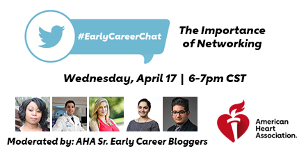 AHAMeetings's tweet photo. The #EarlyCareerChat on the importance of #networking will begin in 15 minutes. @American_Heart #AHAFIT #ACCFIT #CardioTwitter https://t.co/OK3wJXtD5f