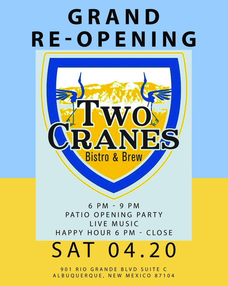 TwoCranesnm's tweet photo. Don't miss out on our great upcoming event this weekend!!!
.
.
#twocranesbistroandbrew #albuquerque #abqevents #420 #abq  #freshjuice #juicelife #juicelover #burque #dukecity #abqoldtown #fruitjuice #fruitlove #fruitart #fruity #newmexico #healthy #nopreservatives #grandreopening https://t.co/EsHaXsslER