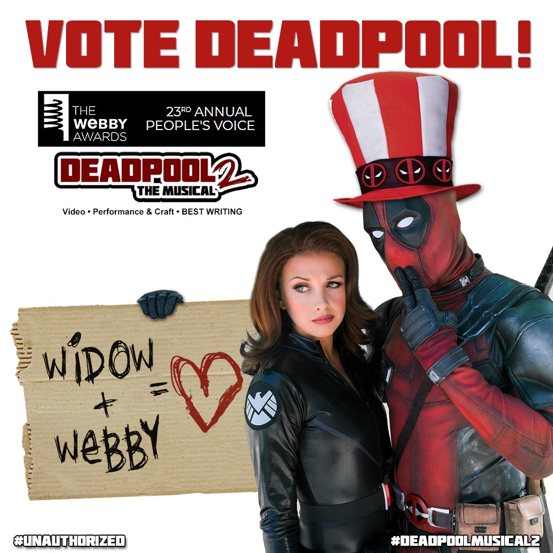 DeadpoolMusical's tweet photo. VOTING LINK: https://t.co/KpjM4tHkPR
LAST DAY TO VOTE! Black Widow Needs A Webby! Help #DeadpoolMusical2 parody get a @TheWebbyAwards “VIDEO - BEST WRITING” by April 18th!
#deadpool #marvel #infinitywar #webbys #blackwidow #deadpoolmusical #endgame #spideypool #webbyawards https://t.co/k7hdTOaxFz