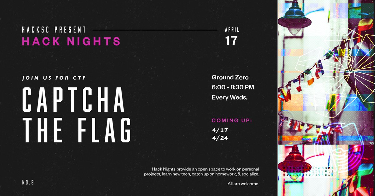 andreaslbigger's tweet photo. Congrats to all who participated in @hackscofficial! Now it is time to learn and practice cybersecurity at Hack Nights 8: CTF. Today, Wednesday, April 17 from 6:00-8:30 pm @ Ground Zero Cafe! #hacking #usc @USCViterbi #hacksc #mlh @MLHacks https://t.co/7neHm9J3Qs