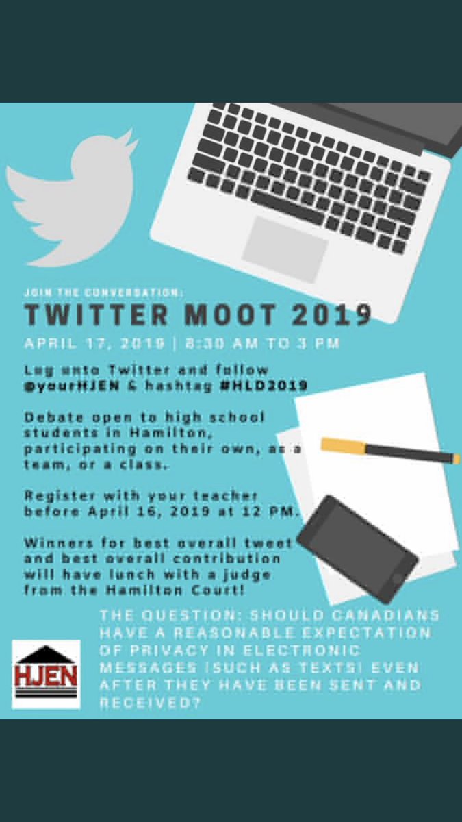 STMLawClass's tweet photo. #HLD2019 @yourHJEN Thank you so much for organizing this fantastic twitter debate experience for our Hamilton High school students! Very exciting day to participate on the 37th Birthday of the Canadian Charter of Rights and Freedoms! @stmcss @HWCDSB @JusticeCanadaEN https://t.co/a3lAA2dROp