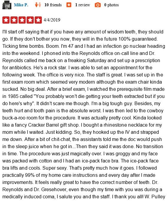 ReynoldsOMS's tweet photo. Probably the funniest review we have ever gotten! 
#greatreviews #oralsurgery #wisdomteeth https://t.co/yruW6WTXJM