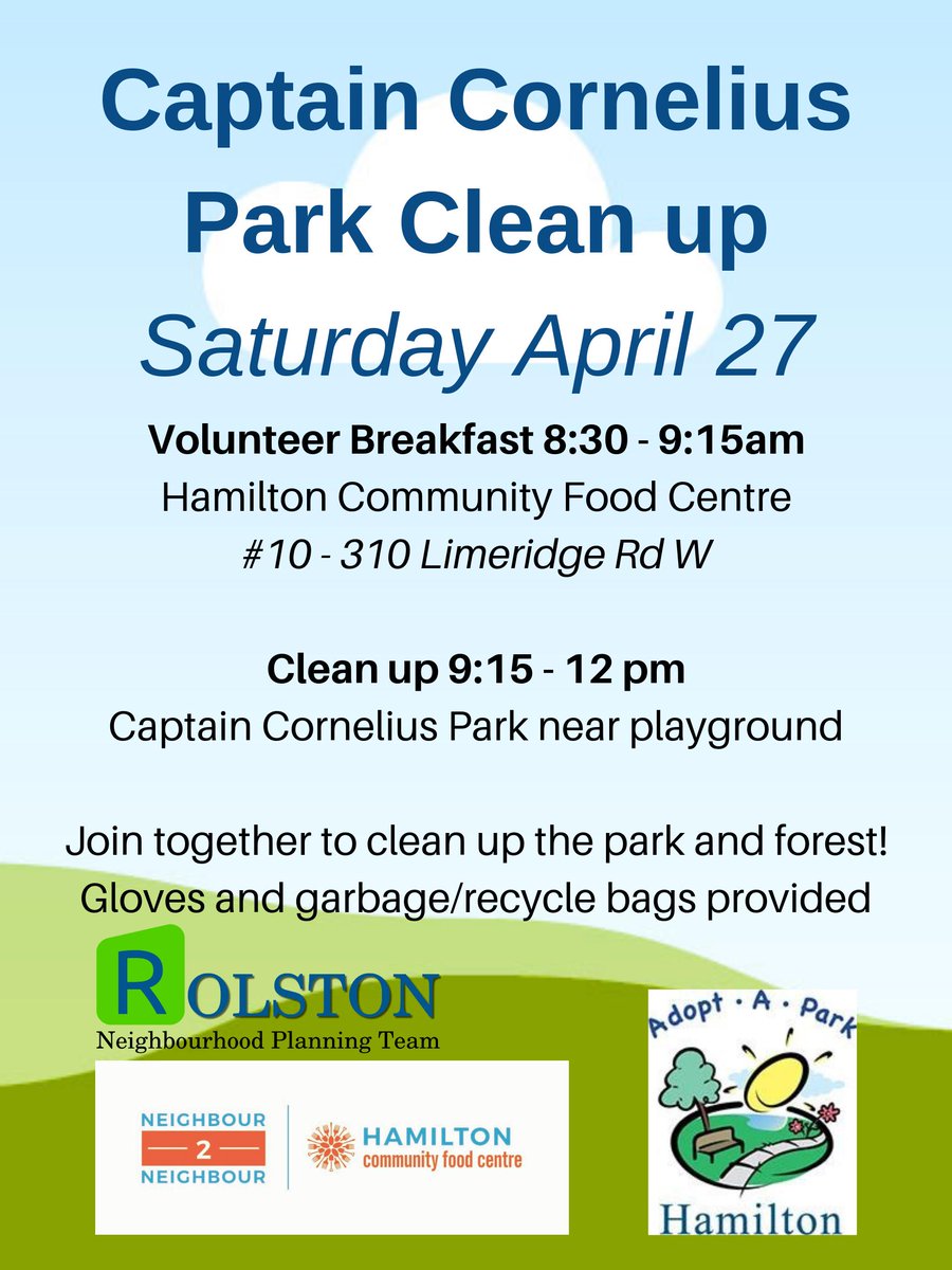 Come clean up Captain Cornelius Park with us! <a href="/RolstonNbrhood/">Rolston Neighborhood</a> Sat April 27