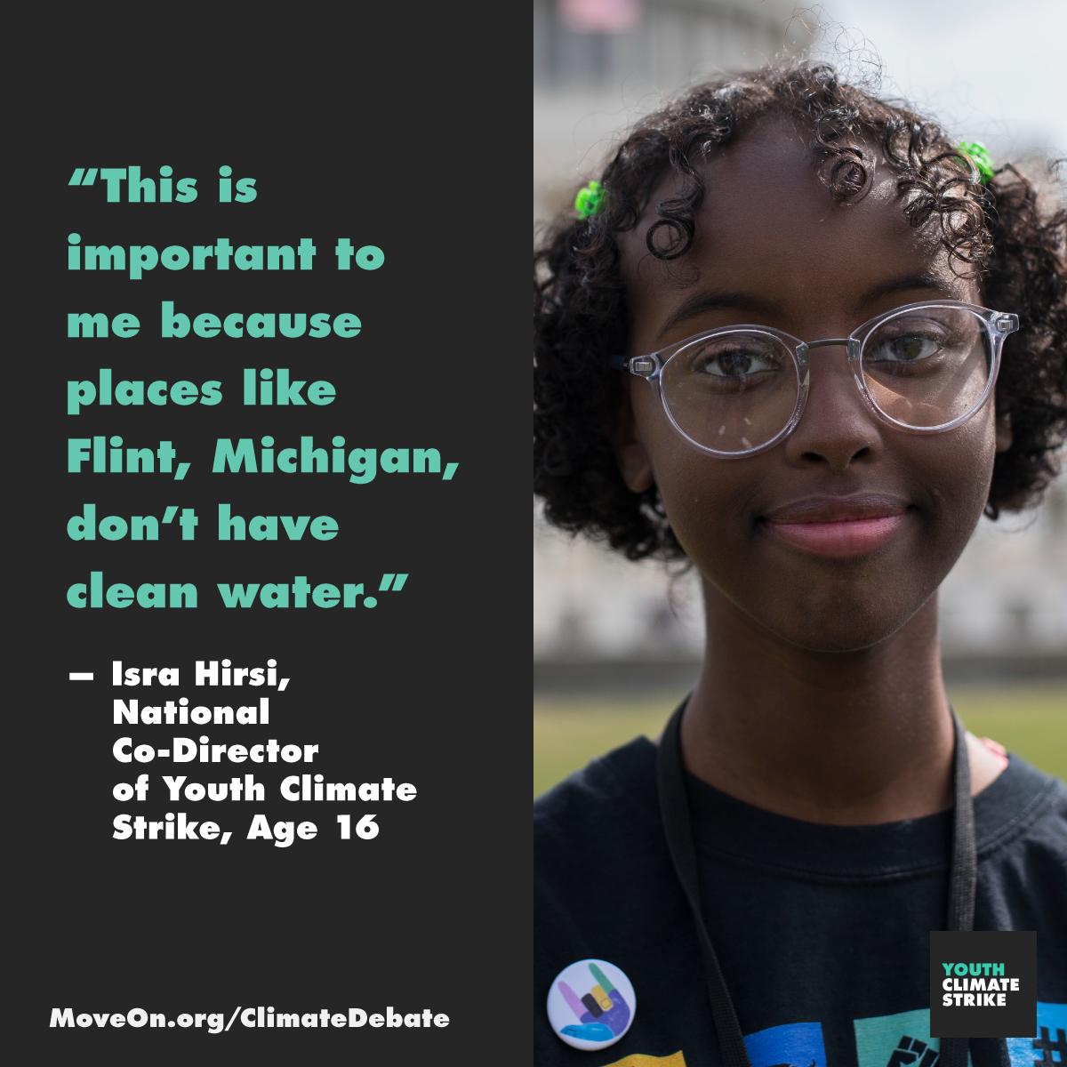 MoveOn's tweet photo. Flint, MI has been without clean water for more than four years. @USClimateStrike is calling for a #ClimateDebate w/ all 2020 presidential candidates. ADD YOUR NAME: https://t.co/euOfO6Mw8g h/t @israhirsi https://t.co/rhBjY1f5sP
