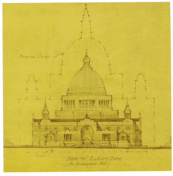 CEra2era's tweet photo. An architect was hired to scale back Lutyen's design, depicted in the 4th image. 
Architect Adrian Gilbert Scott proposed this but it was soon to be determined unattainable.
In 1958 they held a contest for a new cathedral design. 300 people submitted designs. https://t.co/cSe9ubn5zM