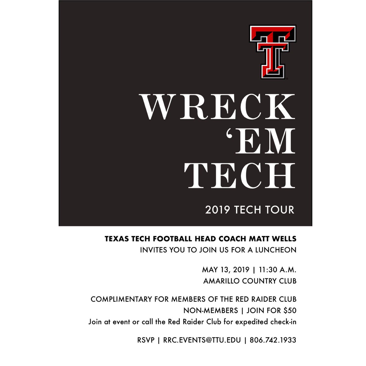 Amarillo, we’re coming to your city! Next 🛑 on the Tech Tour: May 13 luncheon at the Amarillo Country Club with Coach Wells! 
More info & RSVP details👇 #TechTour 🔴#WreckEm⚫️