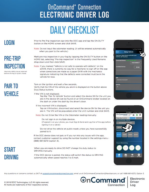 OnCommandConnec's tweet image. EVER WONDER HOW YOU SHOULD START OR END YOUR DAY?
This #OCC #DriverChecklist does the thinking for you. It defines the steps you need to complete throughout your day and even gives you tips on #changing your #status and #roadside #inspections.  bit.ly/ELD_DailyCheck…