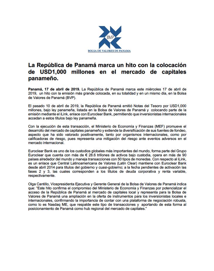 LatinexBolsa's tweet photo. La República de Panamá marca un hito con la colocación de USD1,000 millones en el mercado de capitales panameño.  

#BVP @MEFPANAMA https://t.co/AhEbMHu6Sd
