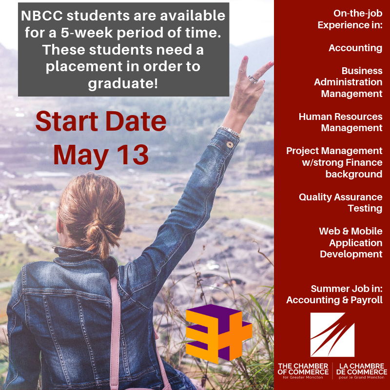 NBCC students are available for a 5-week on-the-job experience in their field! Most of these placements start on May 13th. Interested? Reach out to Lori-Ann@3plus.ca, 3+ Corporation or ccgm.ca