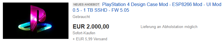 eXtremeModder86's tweet photo. PlayStation 4 Design Case Mod - ESP8266 Mod - UI Mod 0.5 - 1 TB SSHD - FW 5.05

Preis: 2000€
Angebot endet am 17. Mai

eBay link: https://t.co/dqWYax1dns https://t.co/mxyDXQ3NwY