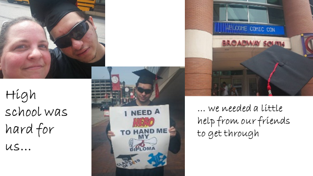 unomesowell's tweet photo. High school is hard when you have autism and social situations are a challenge.  To celebrate the upcoming graduation from high school we attended @WizardWorld in St. Louis where some amazing cosplayers helped us graduate... in style #heroes #notallheroeswherecapes #somedo https://t.co/qQGjw10FEw