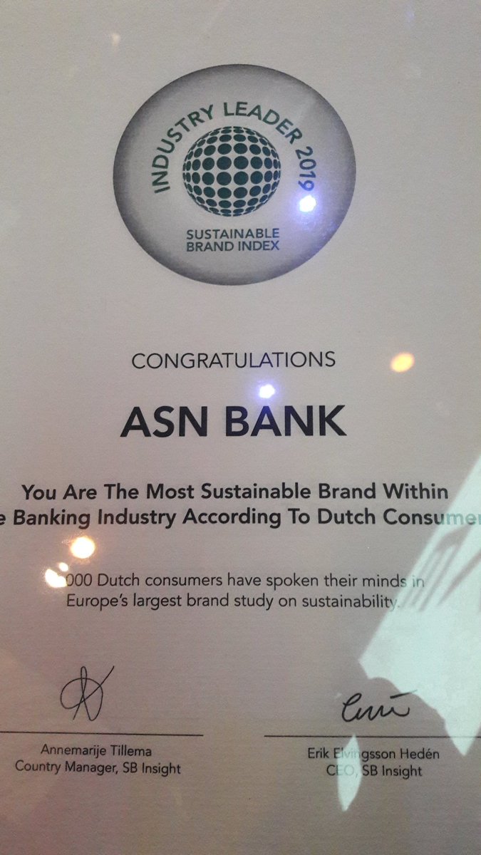 ASN Bank heeft zojuist Sustainable Brand Index caregorie banken gewonnen. Supertrots! #sbindex19