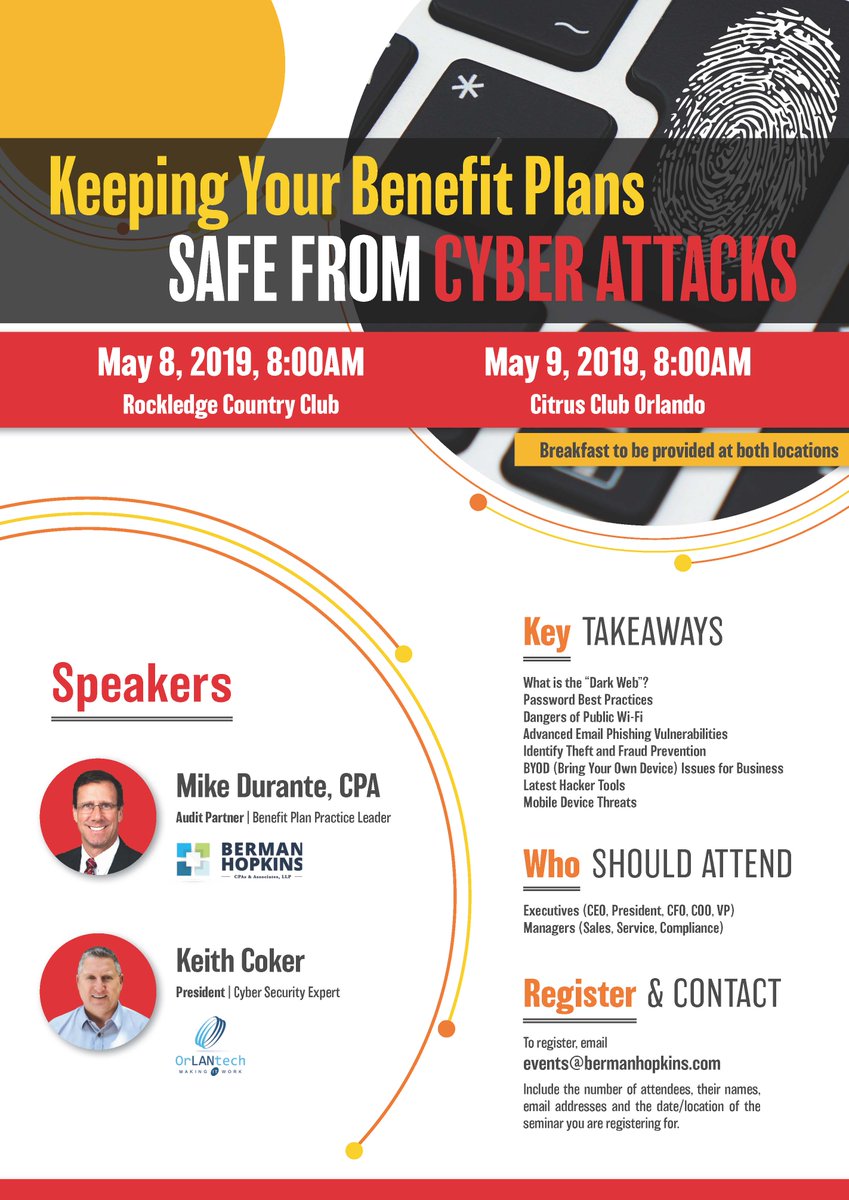 BermanHopkins's tweet image. Join @BermanHopkins + @OrLANtech for this multi-location seminar for a look into cyber security threats lurking in the dark web and learn how cyber criminals could attack your benefit plans. 

📩 Email events@bermanhopkins.com to register

#BermanHopkins #OrLANtech #CyberSecurity