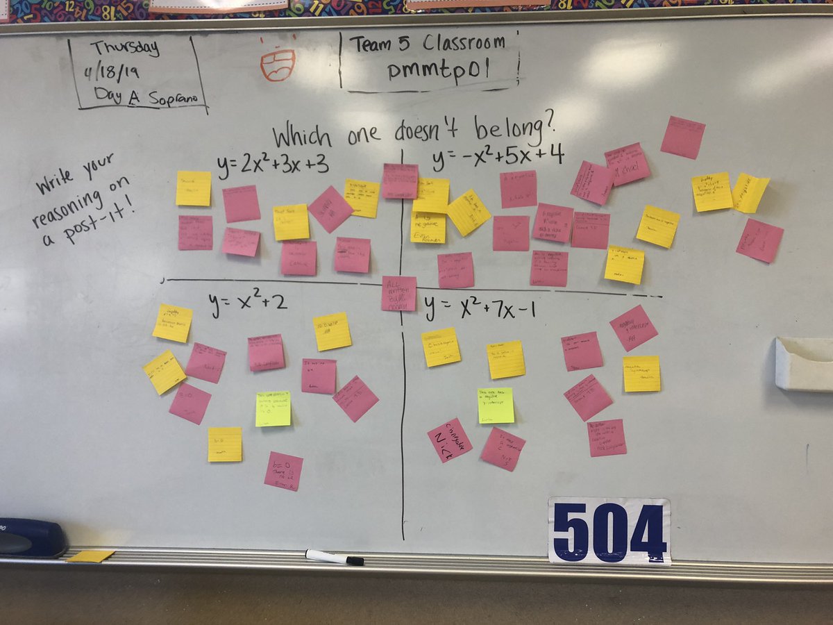 Comparing quadratic functions with this “which one doesn’t belong”. Loved seeing students jumping up to grab more post-it’s when they noticed something! #MTBoS #iTeachMath