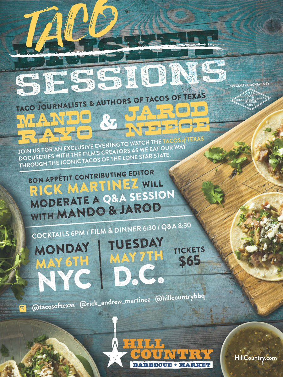 Have you heard about #TacoSessions? Join us on 5/6 for a Taco Dinner + Cocktails + Screening of @TacosofTexas #docuseries with creators Jarod Neece &amp; Mando Rayo + Q&amp;A! Get your tix now! hillcountry.com/nyc/taco-sessi… #hillcountrybbq