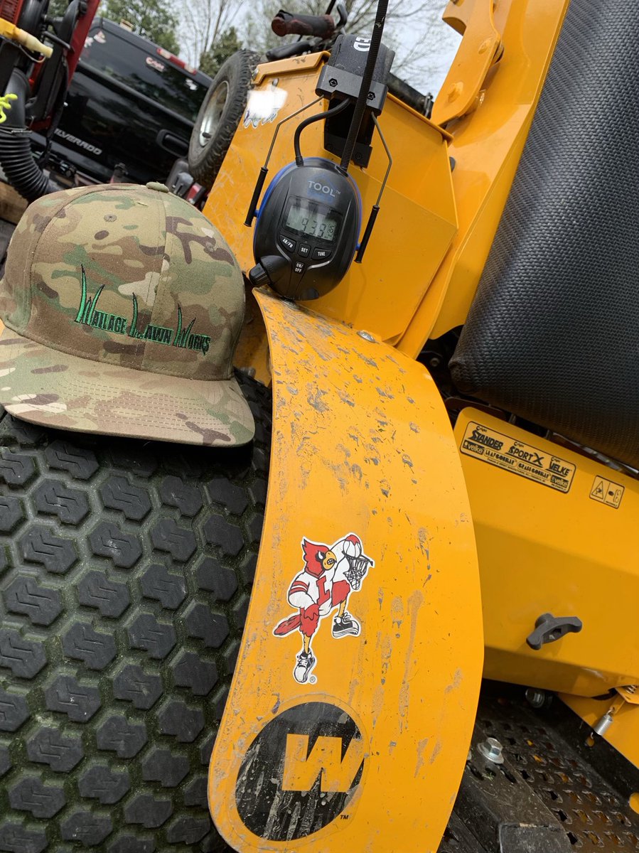 Benjiwallace's tweet photo. “2nd Jobbing it” enjoying this weather #WallaceLawnWorks out here listening to my guys @MarkEnnis @lukeskywalka11 and the afternoon drive on @939TheVille while on the @WrightMowers 52” #StanderX #LsUp ( even on the mower ) got my cardinal stickers on it 😎🐔🏀🏈 https://t.co/BI8rIi26WP