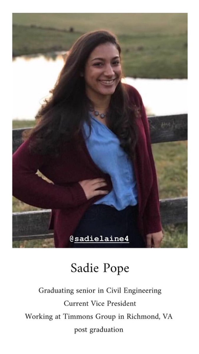 VT_AOE's tweet photo. Senior Spotlight: Sadie Pope! Sadie has been our VP this year and will be working at Timmons Group in Richmond, VA post graduation. We wish you all the best! https://t.co/gETFJggHBG