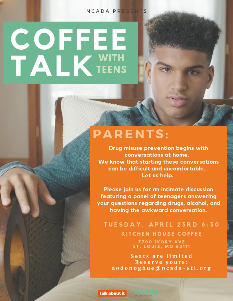 Prevent_Ed's tweet photo. As parents, we are used to being on one side of the awkward conversation surrounding drugs and alcohol. What happens when the roles are reversed?
What if our kids talked and we listened?
Join us Tuesday, April 23rd at 6:30 for Coffee Talk w/ Teens for Parents #talkaboutitmo https://t.co/LM4I1XvPdz