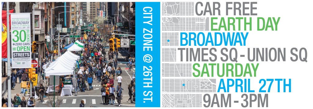 Car Free Earth Day logo and City Zone at 26th St. Photo showing people visiting tents on a street closed to cars.