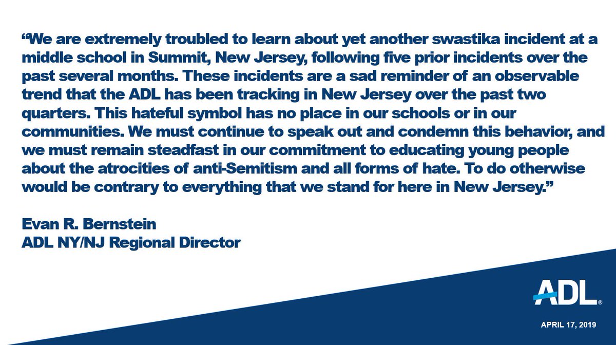 ADL_NYNJ's tweet photo. We are deeply concerned by yet another another swastika found at a middle school in #SummitCounty.  We must remain committed to educating young people about all forms of hate! NJ schools must be #NoPlaceForHate https://t.co/Hw3JHjCSuo