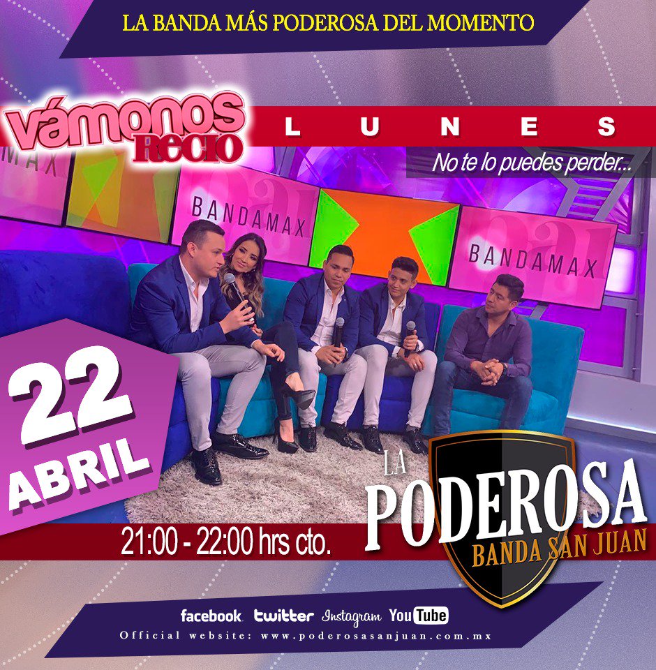 poderosasanjuan's tweet photo. No te pierdas nuestra participación en Vámonos Recio este próximo lunes 22 de Abril en punto de las 9pm cto. a través de @TvBandamax... #MientrasTúMeLoPermitas https://t.co/86noagp3Ld
