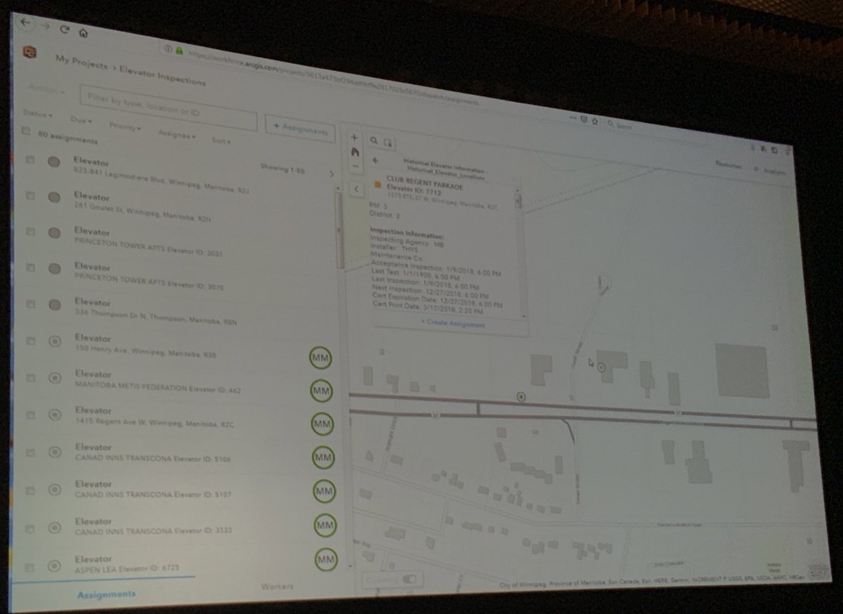 esricanada's tweet photo. RT @gisgeeknorth: Jocelynn Johnson from GeoManitoba presenting a great session on improving survey workflows with #Survey123 and #WorkforceForArcGIS at #EsriCanadaUC in Winnipeg https://t.co/rEqBDWuGT1