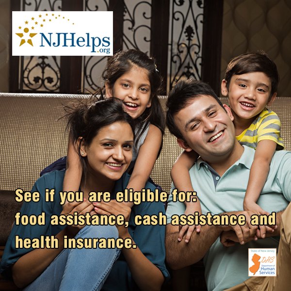 NJDHS's tweet photo. Visit https://t.co/jXvyorqjY6 to see if you are eligible for food assistance, cash assistance and health insurance. You can apply for services or learn about additional resources. #NJHelps https://t.co/yJB09JLy5Q