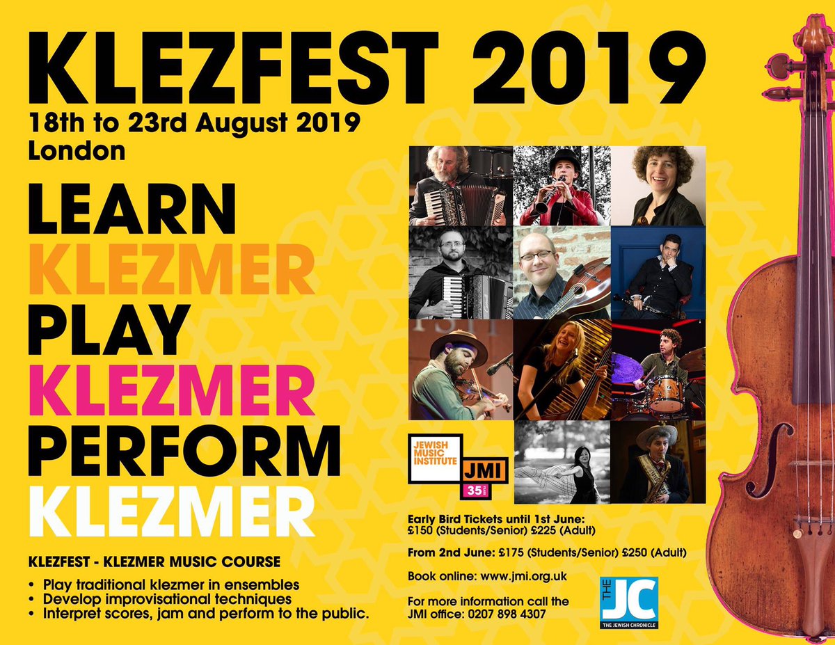 jewishmusicUK's tweet photo. LEARN #KLEZMER! PLAY #KLEZMER! PERFORM #KLEZMER! this August 18-23 in #London at JMI - Jewish Music Institute @SOAS with  #KLEZFEST2019 Proudly@in media partnership with @JewishChron https://t.co/SnSA0I8V4c https://t.co/lnQUr1QzR9