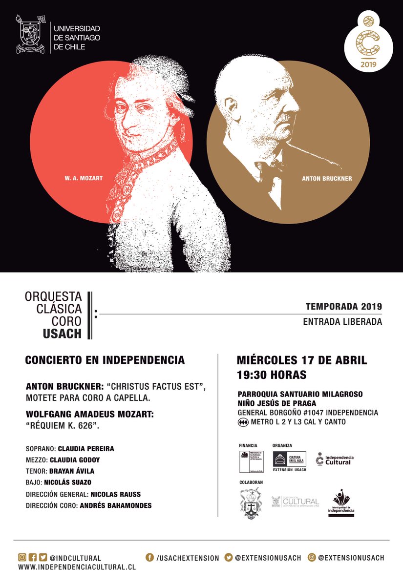 Les recordamos que hoy a las 19:30 hrs en la Iglesia del Niño Jesús de Praga se presentará la Orquesta Clásica y el Coro <a href="/usach/">Universidad de Santiago de Chile</a>, con concierto gratuito interpretando a Wolfgang Amadeus Mozart y a Anton Bruckner. Imperdible🎼 #IndependenciaCultural