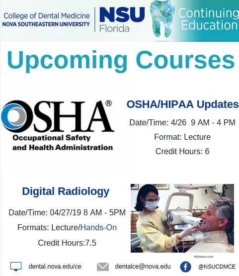 NSUDental's tweet photo. Attention #dentists we will be having our mandatory #OSHA ce next Friday! Followed by our hands-on radiology course on Saturday. For more information: https://t.co/Yzmgq1ER48 

#DentalHygiene #dentalassistant https://t.co/bklYdcHBP5