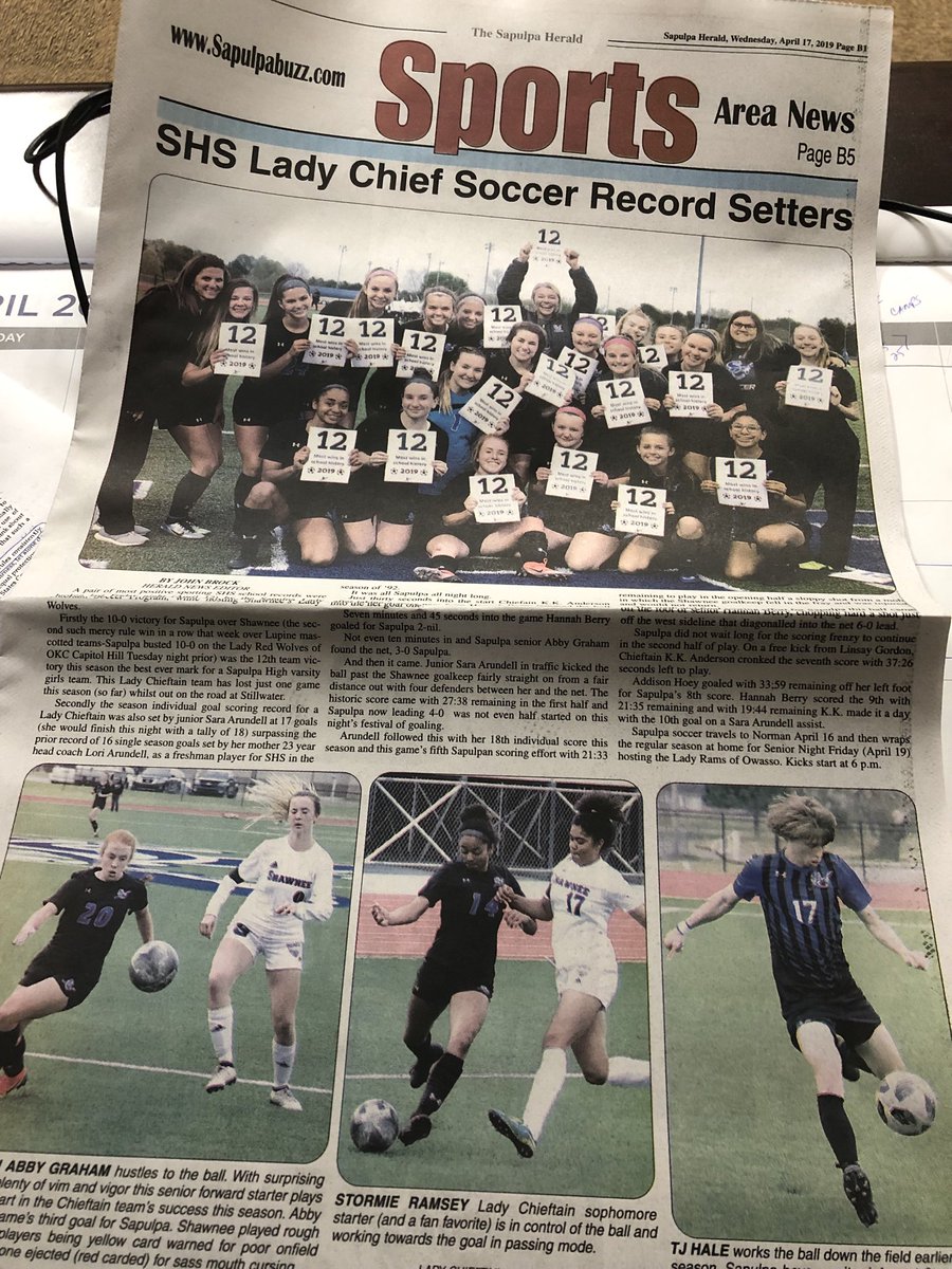 chieftaincircle's tweet image. Sapulpa Soccer featured on front page of the Herald. Congrats to girls for record setting season. Come out to watch the girls last home game compete for a chance to go to host regionals on Friday at 6 pm!