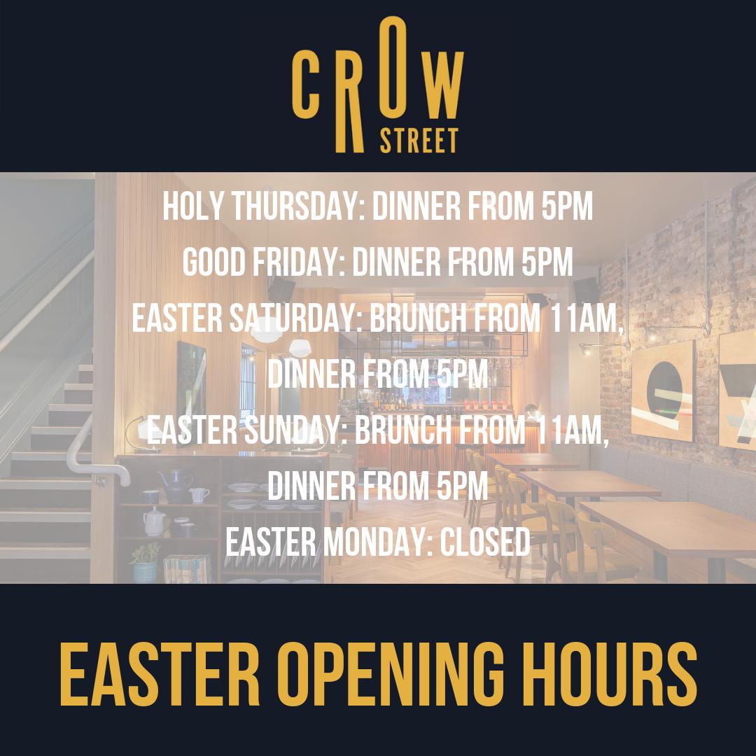 CrowStDublin's tweet photo. Thinking of popping in over Easter? We'll be serving...
🌮 Brunch
🍽️ Dinner
🍸 Cocktails
And our opening hours are the same as they always are!
#crowstreet https://t.co/BvGEm7A3m9