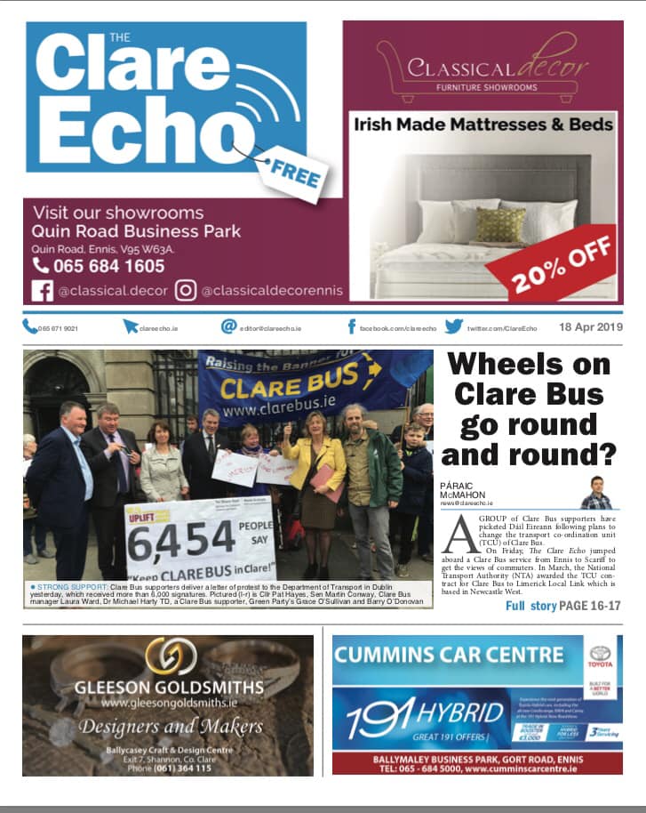 ClareEcho's tweet photo. Tomorrow's front page..
So much to read through in our free paper including @thepmanofficial's trip on Clare Bus where he spoke to users of the service fearful for it's future, Doolin's big heart, @AoibhinGarrihy's Love Clare column &amp; #CantSeeCantBe. https://t.co/fXV9E3eURz