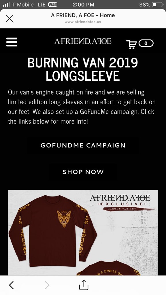 We’ve been put in an extremely unfortunate situation. Please feel free to donate if you can. Even a retweet can do SO much for us. We love you. 

“Burning Van” Campaign: 
gofundme.com/afaf-burning-v…

Link to exclusive “Learn To Loathe” long-sleeve variant: 
afriendafoe.us