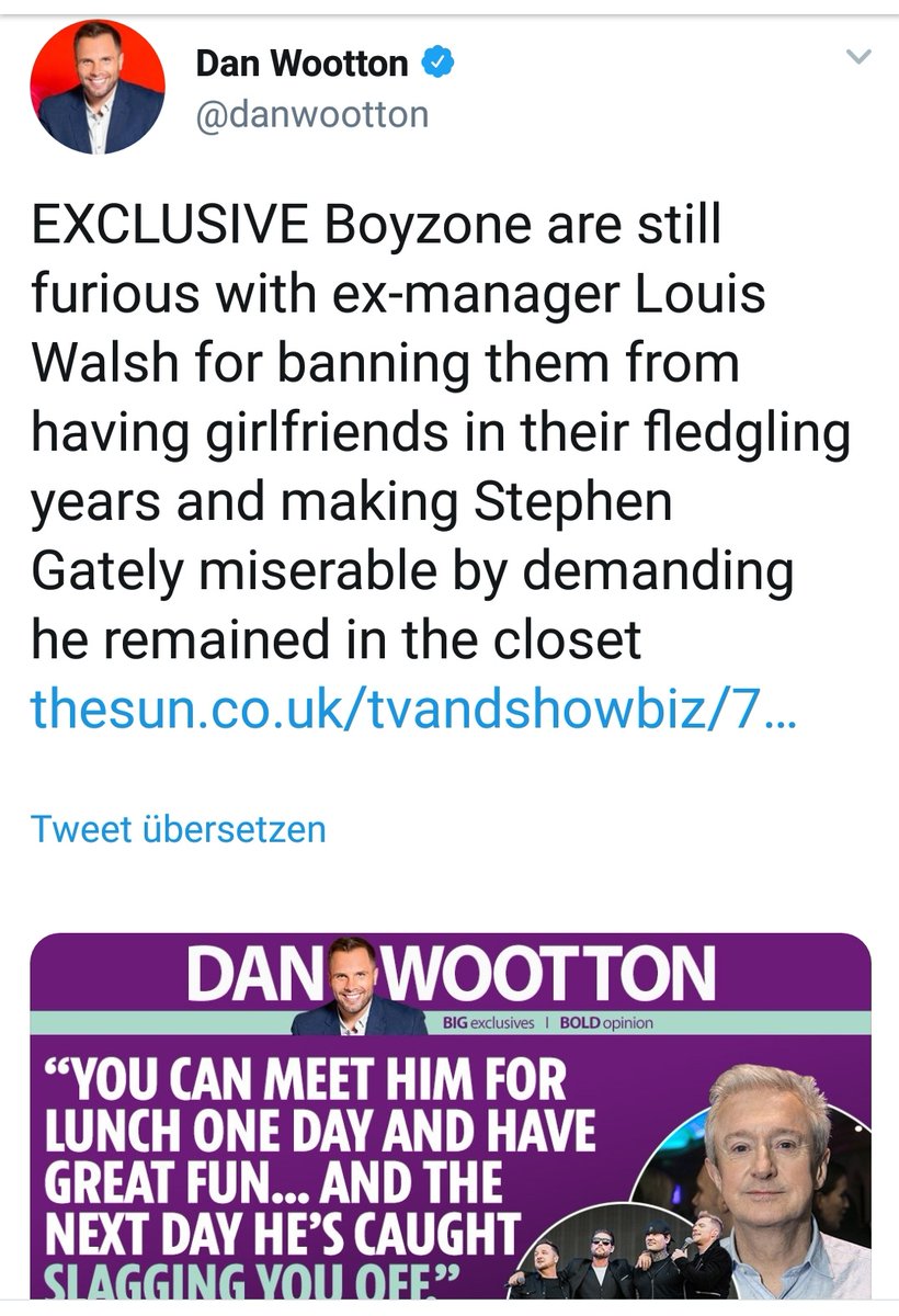 Dan Wootton should never be believed except when he's up against a rock and a hard place and the information will get out anyway so he'll write a few facts to get an exclusive. Anyway, Walsh is/was connected to txf/Syco and demanded Stephen Gately be closeted.