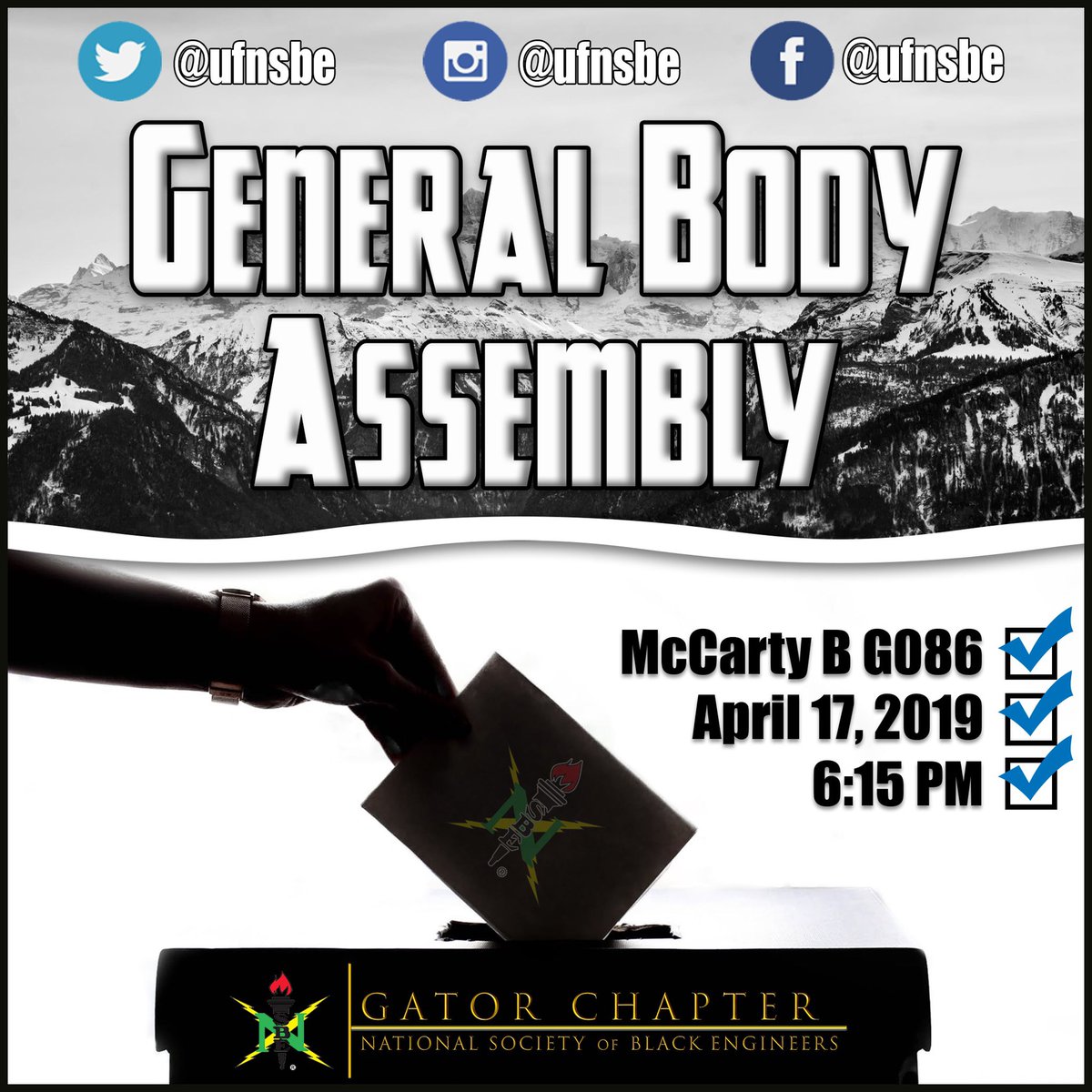 Come out TONIGHT and vote for our 2019-2020 chapter executive officers in the last GBA of the semester. If you are a paid member let your voice be heard! We hope to see you there #UF #NSBE #GatorChapter #UF18 #UF19 #UF20 #UF21 #UF22