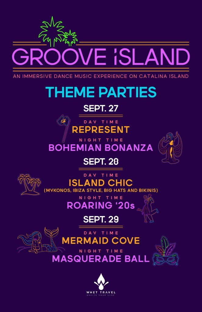 GoGrooveIsland's tweet photo. ICYMI the day-by-day announcement posts, here's the complete list of #GrooveIsland 2019 costume themes! Start brainstorming and getting crafty! What ideas have already sprung to mind? Tell us in the replies! 
#festival #festivals #festivalseason #catalina #musicfestival https://t.co/QWUzbBg3Pw