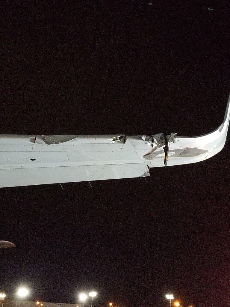 krisvancleave's tweet photo. #breaking New pictures obtained by @CBSNewYork show some of the damage to @AmericanAir flt 300 including what was described as a runway “edge light” embedded in the damaged wing. The plane flew for 28 minutes with that light stuck in the wing! More on the @CBSEveningNews tonight https://t.co/owL4peOxgv