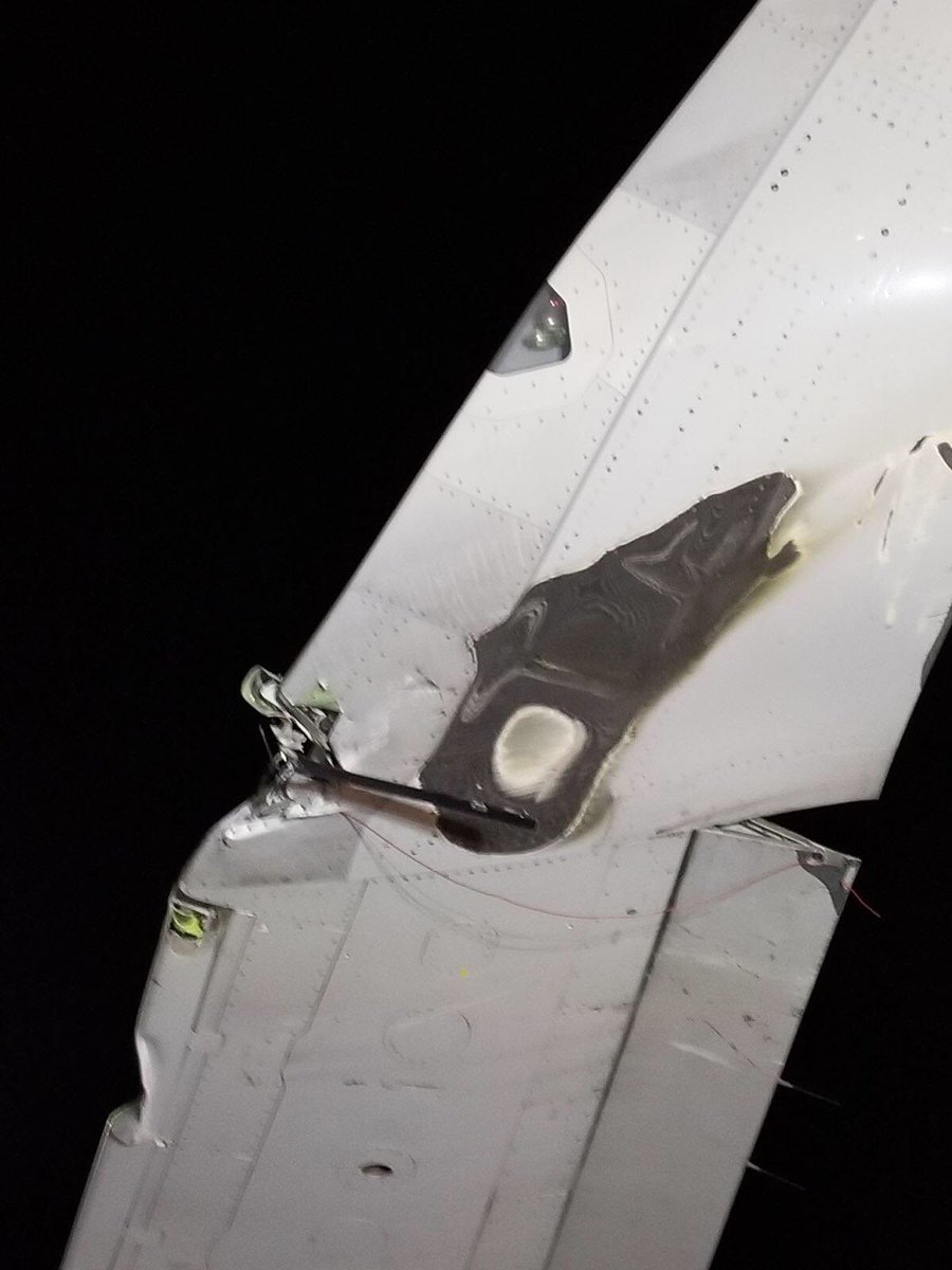 krisvancleave's tweet photo. #breaking New pictures obtained by @CBSNewYork show some of the damage to @AmericanAir flt 300 including what was described as a runway “edge light” embedded in the damaged wing. The plane flew for 28 minutes with that light stuck in the wing! More on the @CBSEveningNews tonight https://t.co/owL4peOxgv