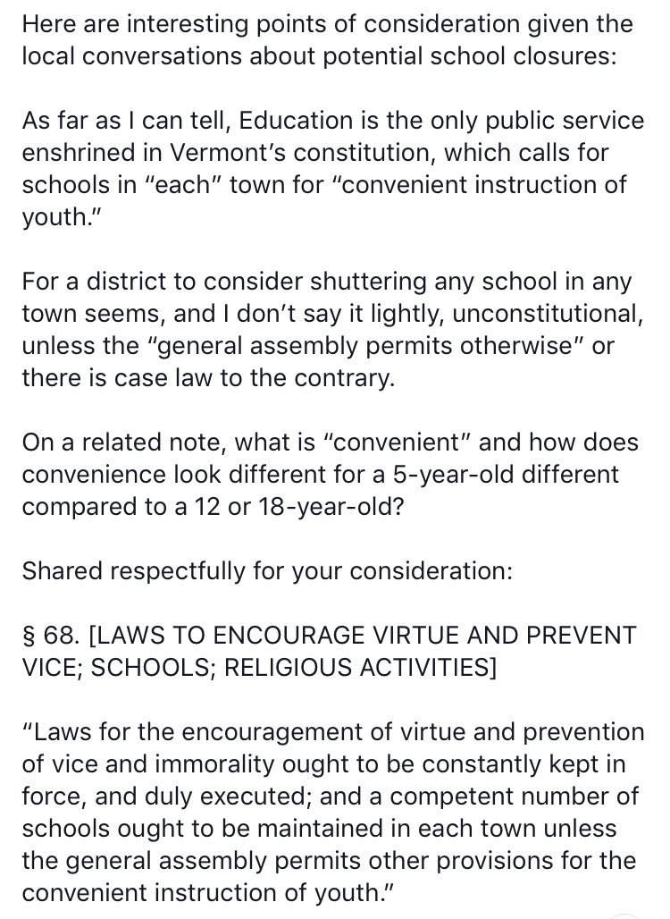 TimOLeary_VT's tweet photo. I would love to hear your thoughts on this emergent thinking about the constitutionality (Vermont constitution) of contemplating school closures against the will of a town. I took a screenshot to share more fully my emergent thinking. https://t.co/m2aYGCW5z5 #vted #acsdvt #vtpoli https://t.co/j1jVjc3jPw