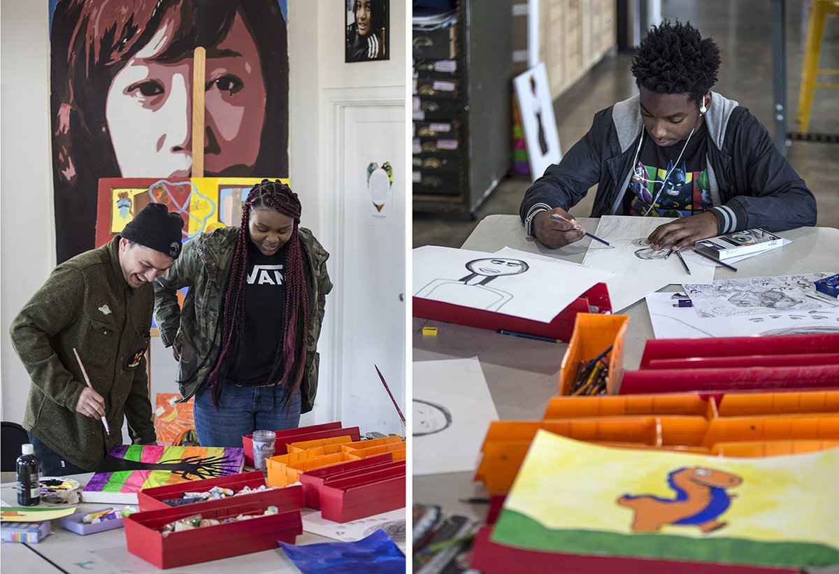 Today at AHC - #StreetAcademy students working on their pieces for our May 18th exhibition. Each Wednesday we facilitate art classes at our location in #WestOakland - youth are guided by our teaching artists, and encouraged to challenge themselves. #WeCanInspire #ArtEsteem