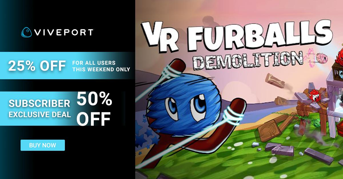 Viveport's tweet image. Weaponize cuteness and save up to HALF OFF on the colorful physics puzzler VR Furballs - Demolition this weekend on Viveport and #ViveportInfinity: vprt.co/VRfurballs