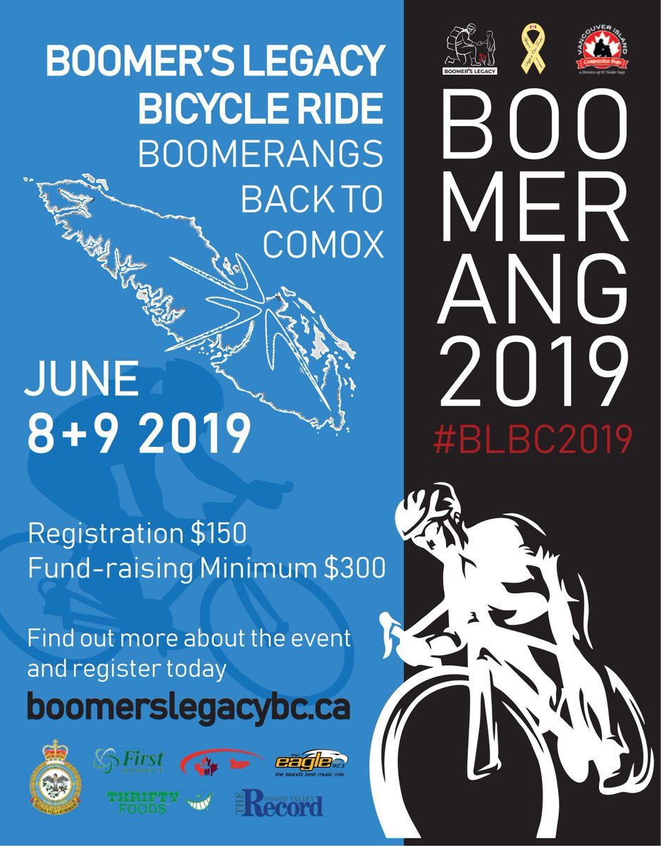 CFBBFCEsquimalt's tweet photo. Just a reminder that the Boomer's Legacy Bike Ride is fast approaching June 8-9. Help celebrate and support the humanitarian spirit of Cpl Andrew (Boomer) Eykelenboom, a #CAF medic who was killed in Afghanistan on Aug. 11, 2006. For more info: https://t.co/JnKOKPLI9F #BLBC2019 https://t.co/8yShYNGSRL