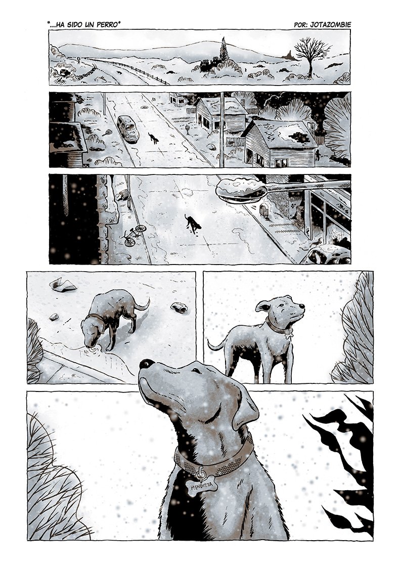 JotaZombie's tweet photo. First page (of 5) of "Ha sido un perro" (it was a dog) a mini story I did (script and art) for "La Marca de Caín" #16 an anthology of (post)apocalyptic short comics.
.
.
#comics #postapocalyptic #dogs #comicspage #drawings #historieta #historietaargentina #comicsargentino https://t.co/JhGT5VOBya