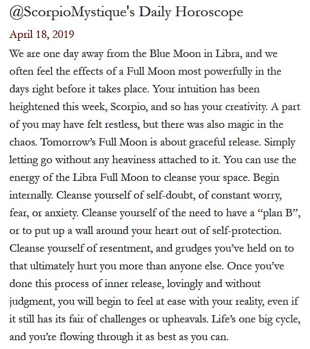 ScorpioMystique's tweet photo. #SMscope 4.18.19 ♏️❤️✨ #TeamScorpio 🦂 #ScorpioMystique #Horoscope #Astrology 🔮 https://t.co/sRgkWkbOeC