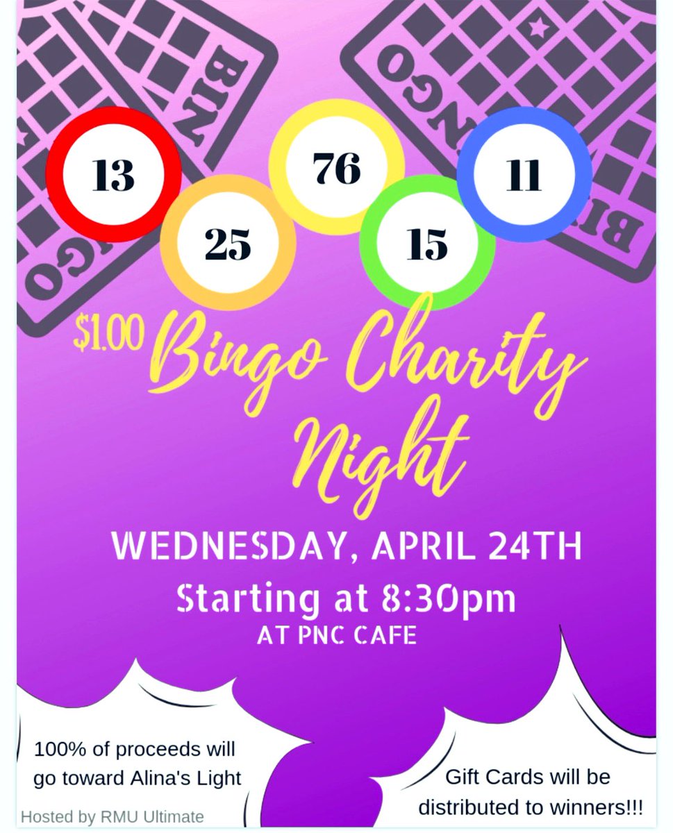 tbobes7's tweet photo. Come out to Bingo Night @ RMU to support Alina’s Light! They’ll be prizes and a bake sale💜 #justiceforAlina #AlinasLight https://t.co/oK8QakB6vv
