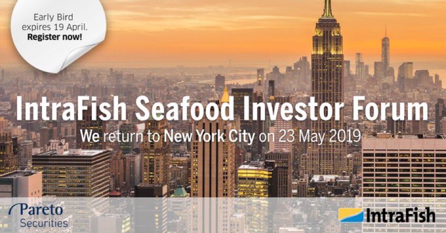 IntraFishEvents's tweet image. Next @IntraFish #Seafood #Investor Forum partnered with @paretosec will be May 23 in #NYC. Registration &amp;amp; details available @ IntraFishEvents.com/nyc19 Participants include: Broodstock Capital #Bakkafrost Nordic Aquafarms Kingfish Zeeland Benchmark Hldgs &amp;amp; more
