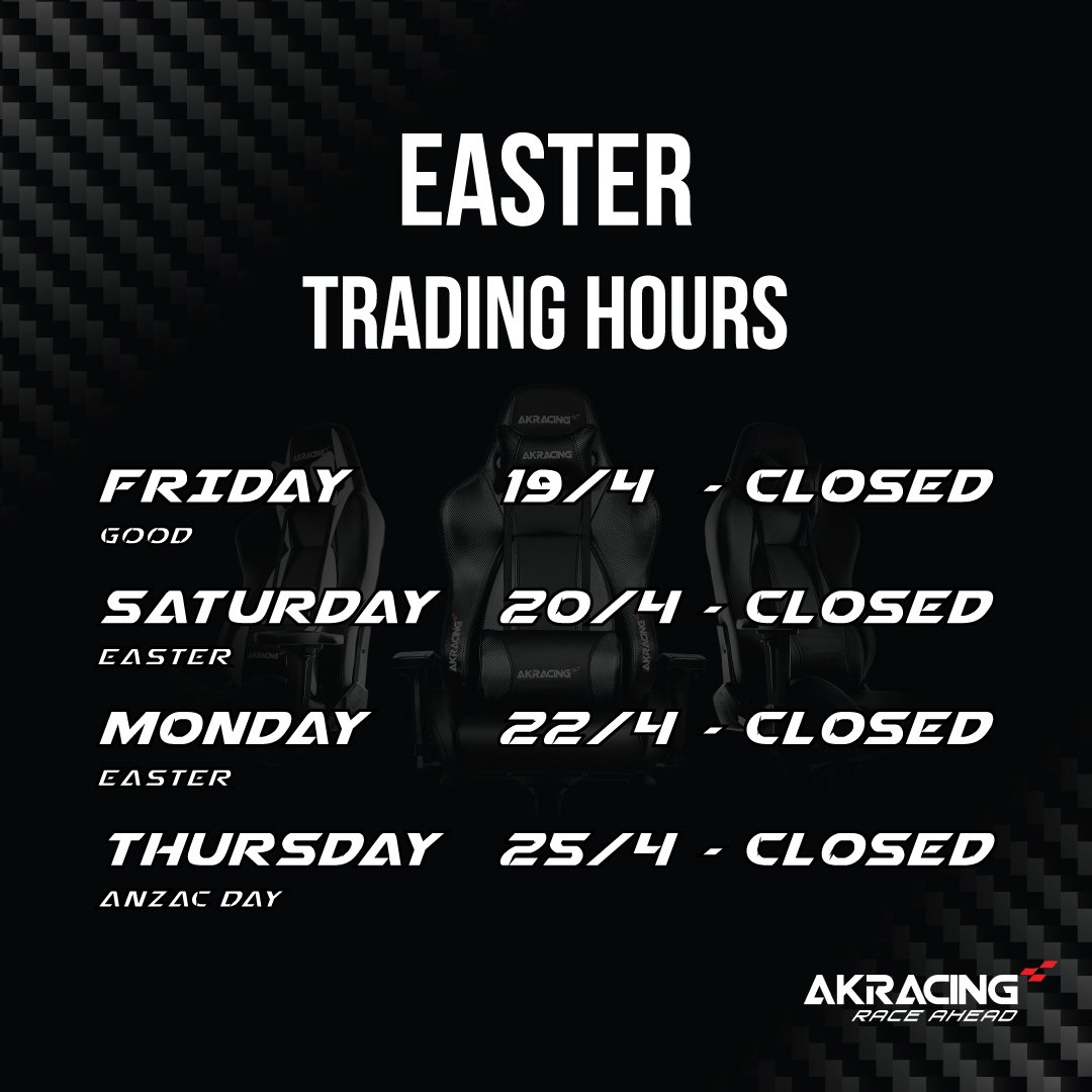 AKRacingNZ's tweet photo. Please note that our office will be closed over the Easter long weekend. 

We wish you all a happy and safe Easter! https://t.co/6Fp5b7ZGGC